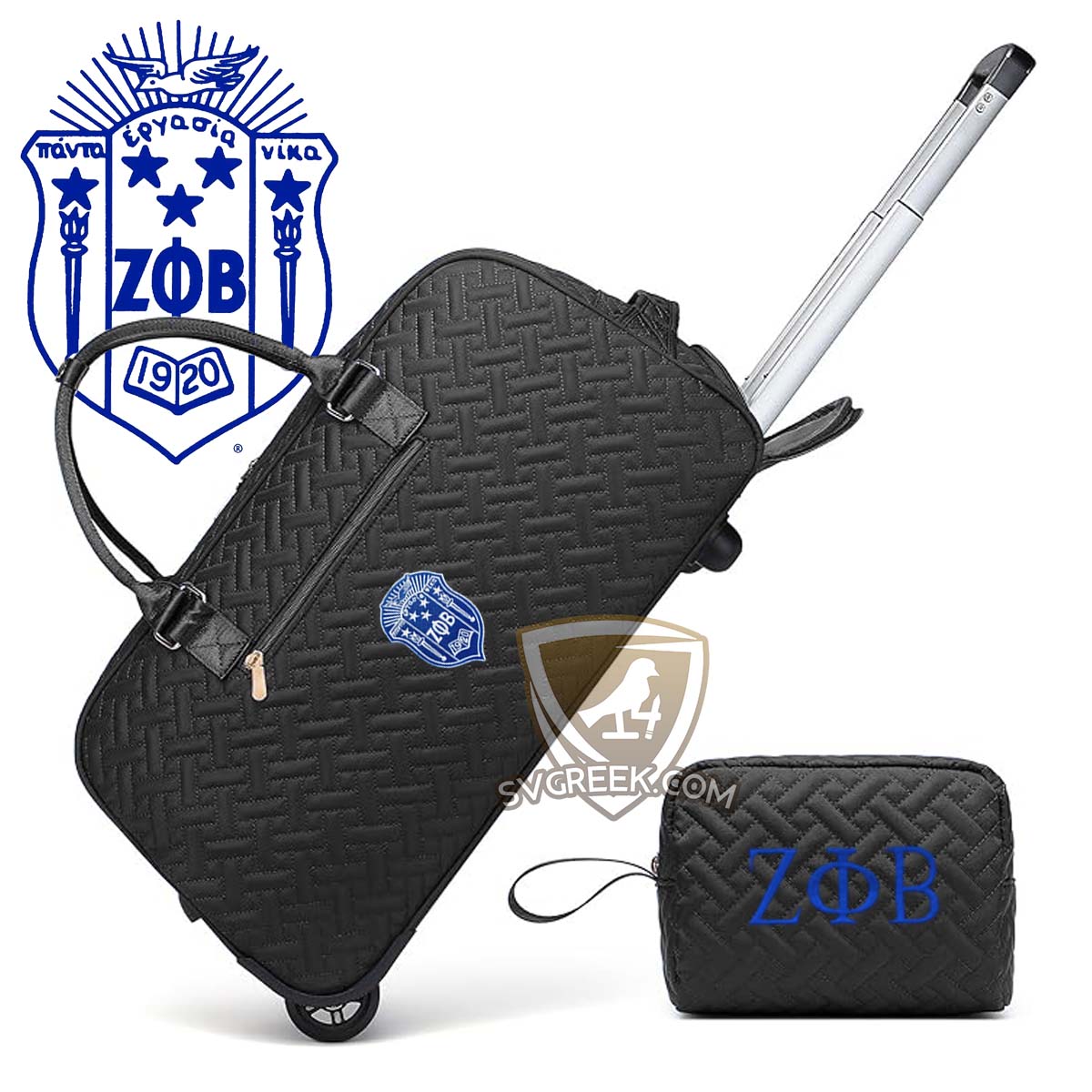 zeta phi beta duffel bag trolly wheels embroidered shield